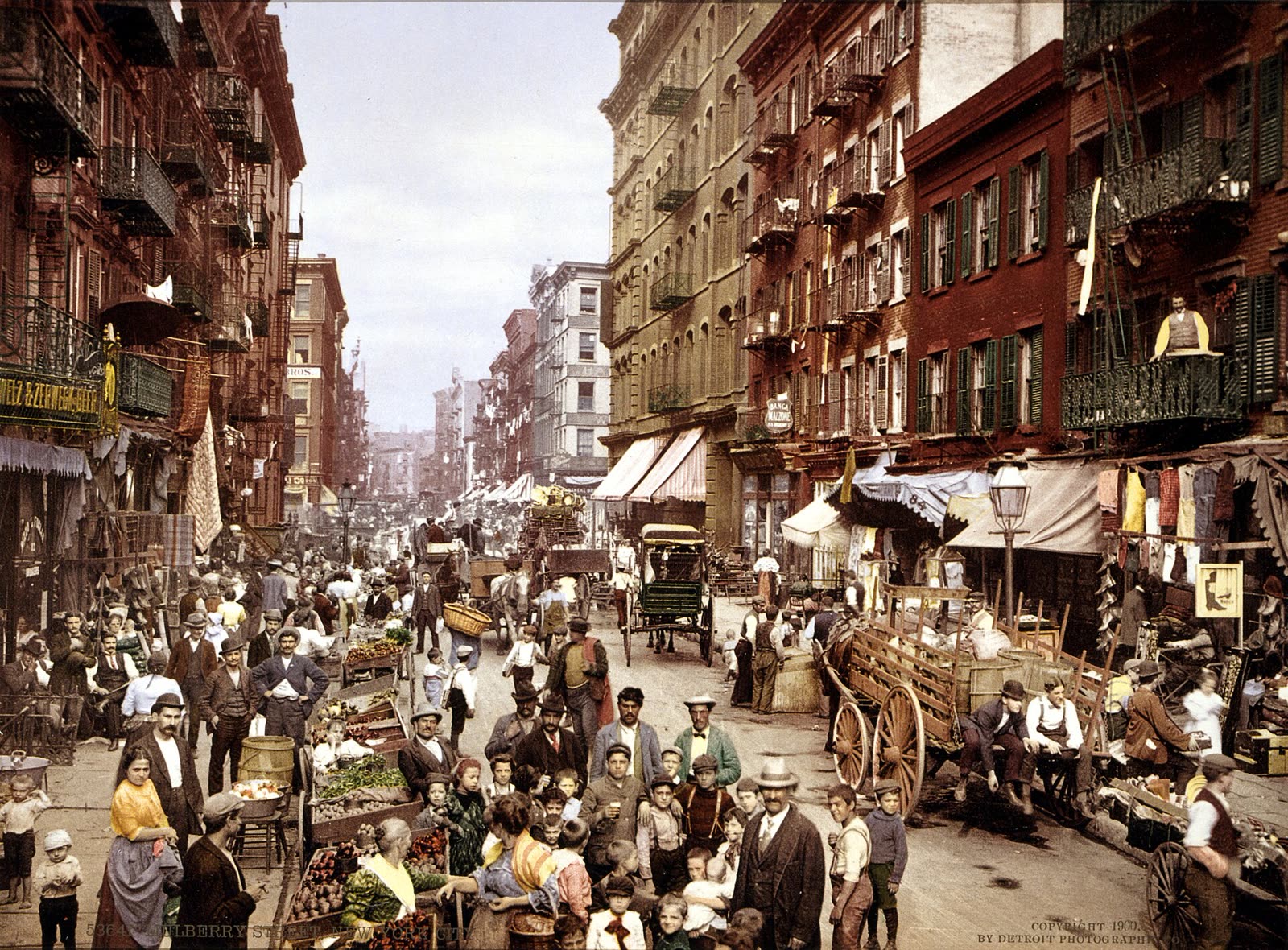Mulberry Street in New York City around 1900, crowded with market stalls, carts and shoppers